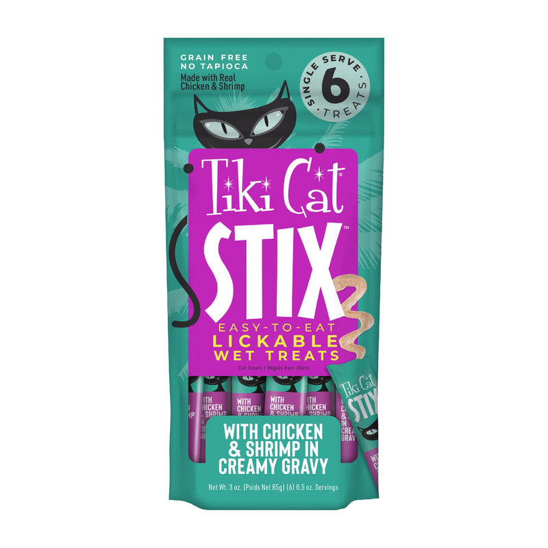 Tiki Cat Stix Mousse Treats, Single Serve Indulgent Lickable Treat or Dry Food Topper, Chicken and Shrimp in Creamy Gravy, 3 oz. Pouch