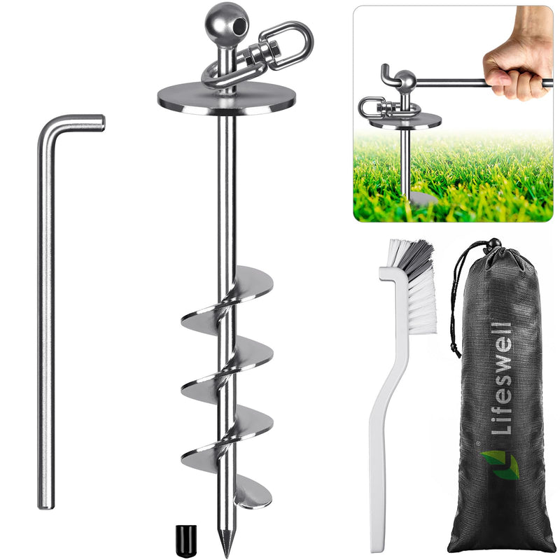 Lifeswell 16 Inch Dog Tie Out Stake, Heavy Duty Screw in Anchor for Dogs up to 220lbs, 360° Swivel, No Tangle, Double-Sided Welded Spiral Ground Anchor for Yard, Camping, and Beach