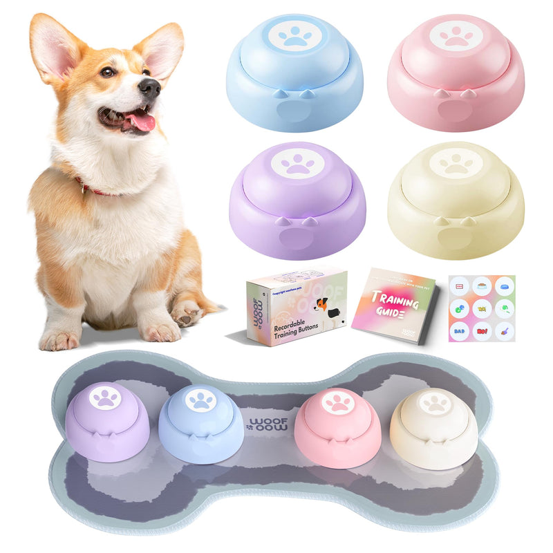 Recordable Dog Buttons, Loud 30-sec Voice Recording Buttons, Pet, Dog, Cat Buttons for Communication, Training and Talking Buttons for Small Dogs, with Mat, Training Manual, Stickers, 4 Buttons