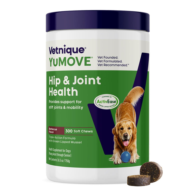 YuMOVE Adult Dog Hip & Joint Soft Chews, ActivEase Green Lipped Mussel, Glucosamine for Dogs, Hyaluronic Acid & Omega 3 - Barbecue Flavor (300ct Chews, Regular Strength)