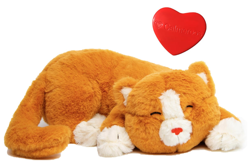Calmeroos Plush Heartbeat Toy - Calming Anxiety Relief Toys for Puppies and Kittens - Heartbeat in a Soft Comforting Pet Plush for Dogs and Cats (Orange Kitty w/Heart)