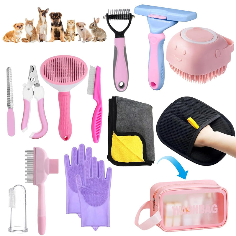 Oromaviela 12PCS Rabbit Bunny Cat Grooming Kit,Self-Cleaning Slicker Brush&Deshedding Tool,Dematting Comb,Nail Clipper&F