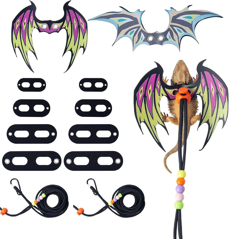 COMSUN 2 Pack Bearded Dragon Harness Leash Set with Leather Dinosaur Wings