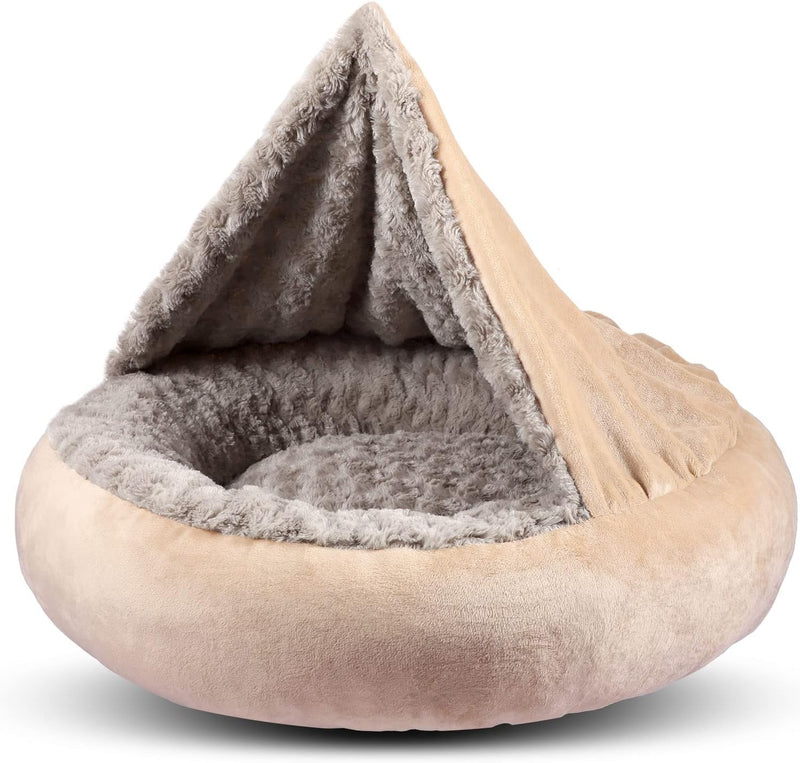 GASUR Small Dog & Cat Bed, 23'' Donut Pet Bed Mat with Hooded Blanket, Anti-Anxiety Burrow Cave Bed, Cozy Puppy Bed, Mac
