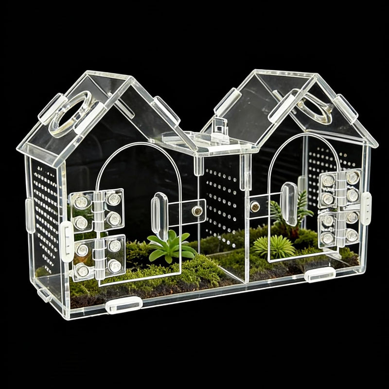 Jumping Spider Enclosure, Acrylic Terrarium with Partition Divider (1-2 Compartments), Dual Magnetic Doors & All-Side Ve