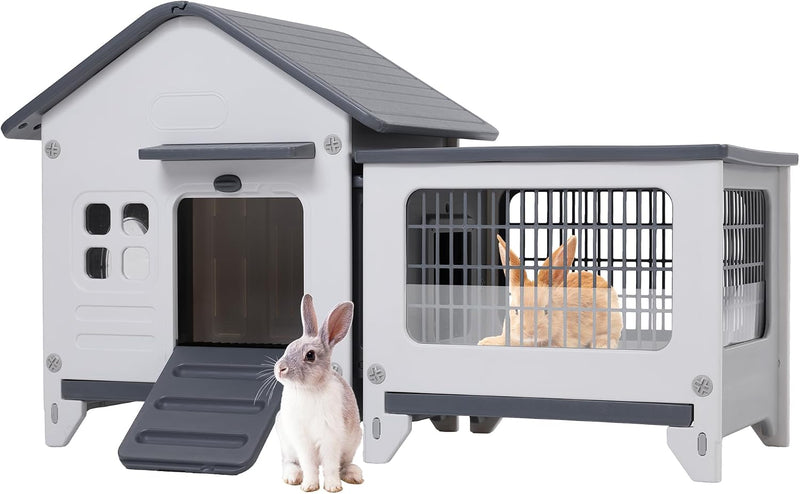 Rabbit Hutch Indoor & Outdoor with Extended Play Area, Plastic Rabbit Hutch with Sloped Roof Drainage, Panoramic Windows