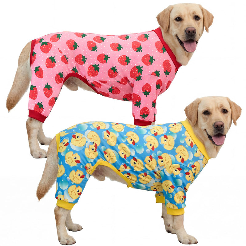 XPUDAC 2 Pack Dog Pajamas for Large Breeds, Soft Warm Dog Pjs Onesie 4-Way Stretch Pet Outfit Lightweight Pet Clothes Boy Girl Duck Strawberry Print, 5XL