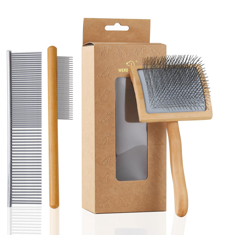 Werduoland Ergonomic Slicker Brush for Long-Haired Dogs - Wooden Handle, Long Pins for Grooming Goldendoodles