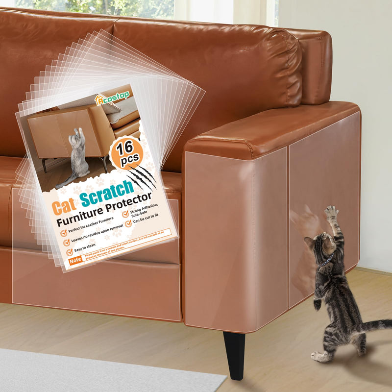 Acostop Cat Scratch Furniture Protector - Specially Designed for Leather Furniture, Easy to Remove Anti-Scratch Couch Protector from Cat, No Pins, 16 Pack