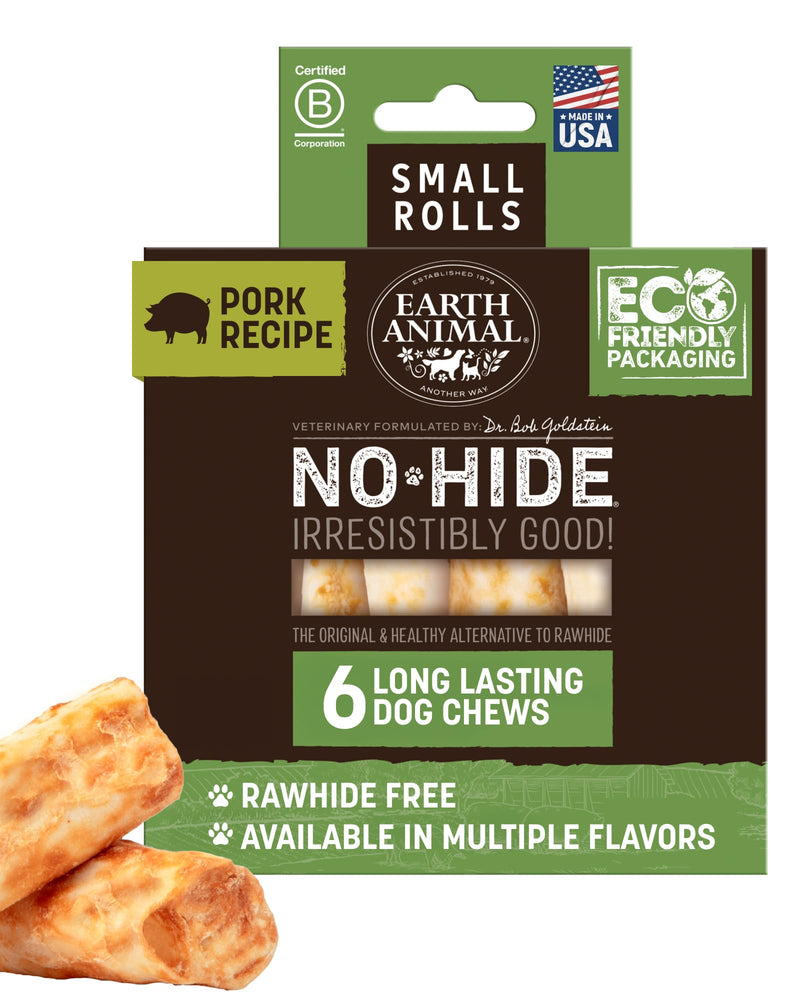 Earth Animal No-Hide Rolls Pork Recipe Small Natural Rawhide Alternative Dog Chews - 6 Count Value Pack