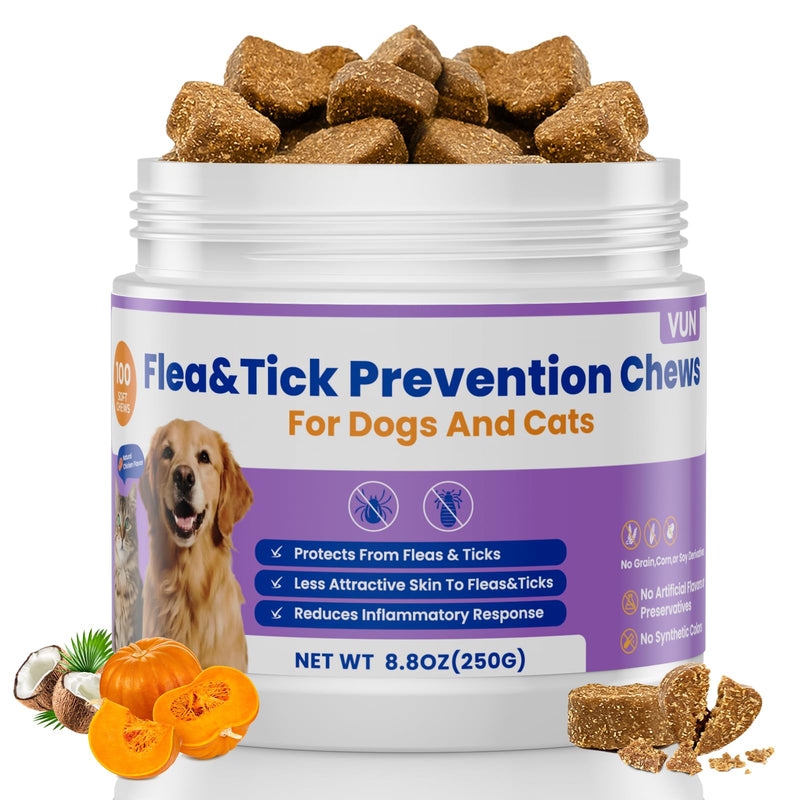 VUN Dog Flea and Tick Treatment Chewable,Natural Oral Flea Treatment for Cats,Relieve Itching& Biting,Flea Tick Prevention for Dogs Chews Supplement for Skin&Coat,All Breeds Sizes,100 Counts