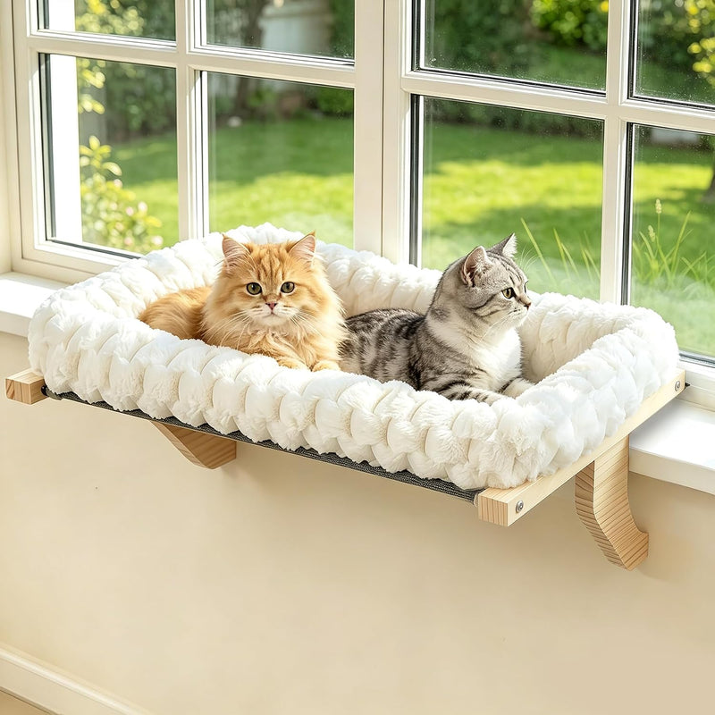 Zoratoo Cloud-Cuddle Cat Perch for Window Sill with Bolster, Natural Wood & Metal Frame Cat Window Seat for Large Cats, Easy to Adjust Zipper Cushion Pet Bed for Windowsill (Large)