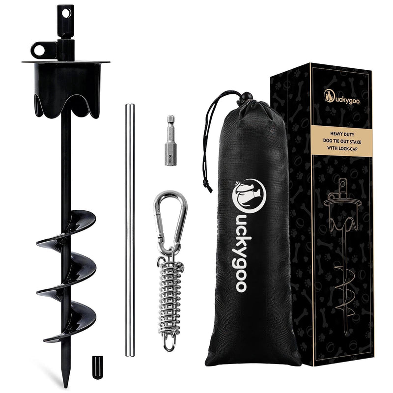 Duckygoo Dog Tie Out Stake with Lock-Cap, Heavy Duty Dog Stake for Outside with Shock Spring, Prevents Pulling Out Rust Proof Ground Anchor for Small Medium Large Dogs up to 350 LBS, Black