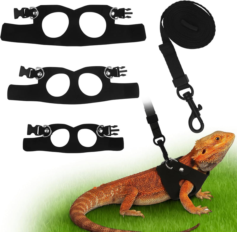 3Size Black Bearded Dragon Leash and Harness Set with Lizard Traction Rope