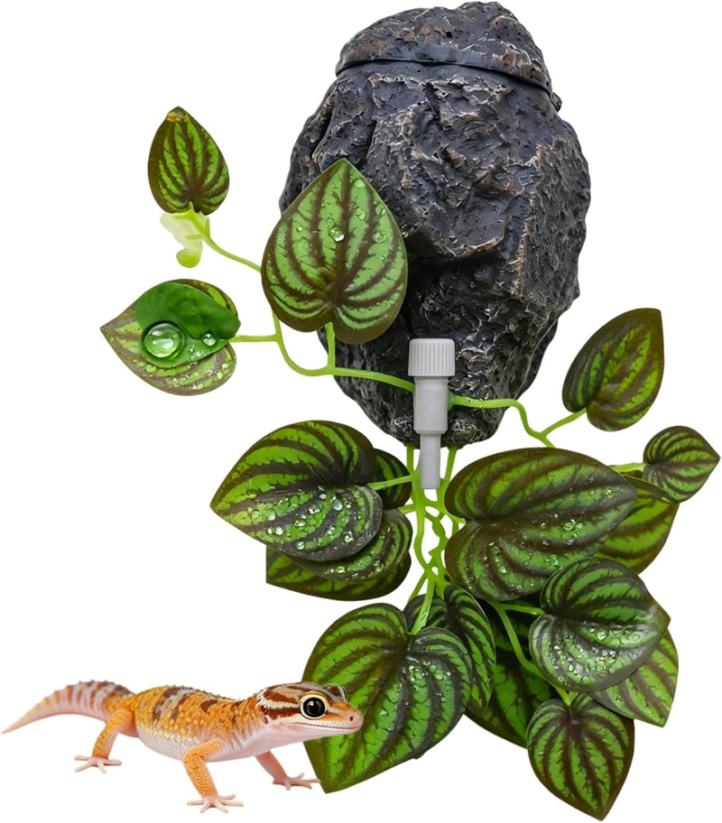 Reptile Water Dish with Dripper, Adjustable Wall-Mounted Water Bowl for Terrarium Humidity Control - Natural Rock Decor