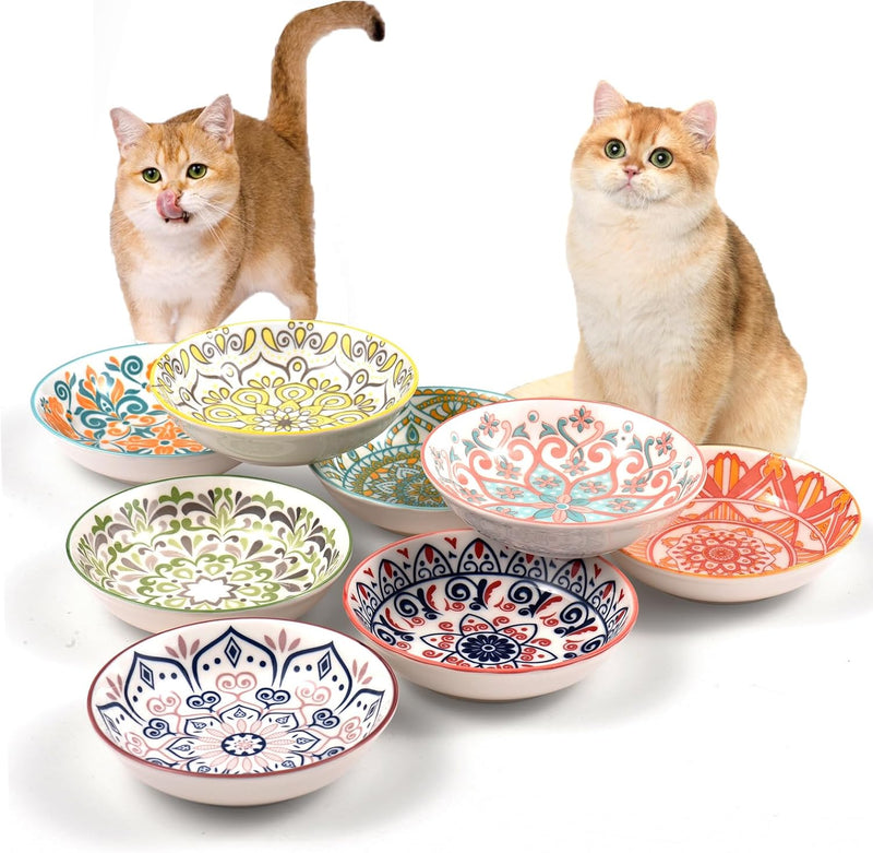 YEAHGO Cat Food Bowls for Indoor Cats Ceramic Cat Bowls Whisker Friendly Cat Dishes for Food and Water 5.5 Inches Kitten Bowls Cute Cat Feeding Bowls Set 8 Cat Wet Food Bowl Set Shallow Cat Plate