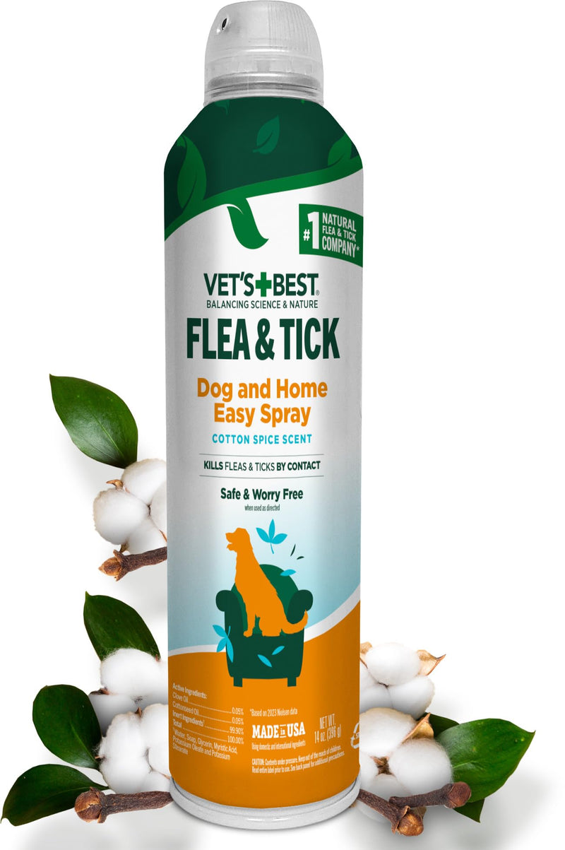 Vet's Best Natural Flea and Tick Easy Spray for Dogs – Cotton Spice Scent – Natural Flea & Tick Prevention – Kills Pests on Contact – Plant-Based Formula – Made in USA – 14 oz