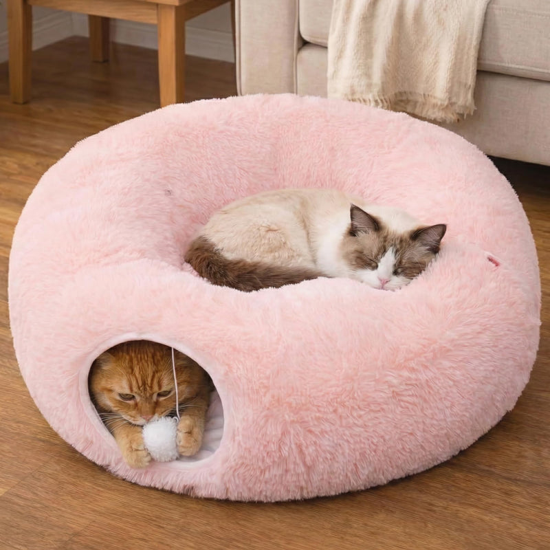 Meowfia Indoor Cat Tunnel with Donut Bed - Large Flexible Play Space for Multiple Pets - Circle or Snake Shape, Cozy Lounge (Pink)