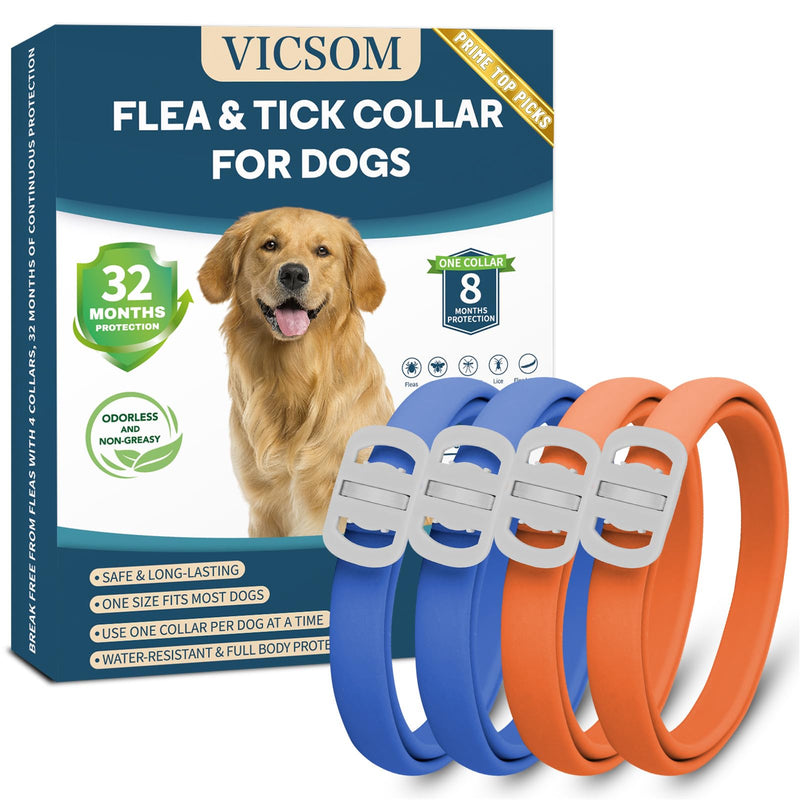 Dog Flea and Tick Collar 4 Pack, Waterproof Adjustable Collar for Dogs and Puppies, 32-Month Prevention, Blue & Orange