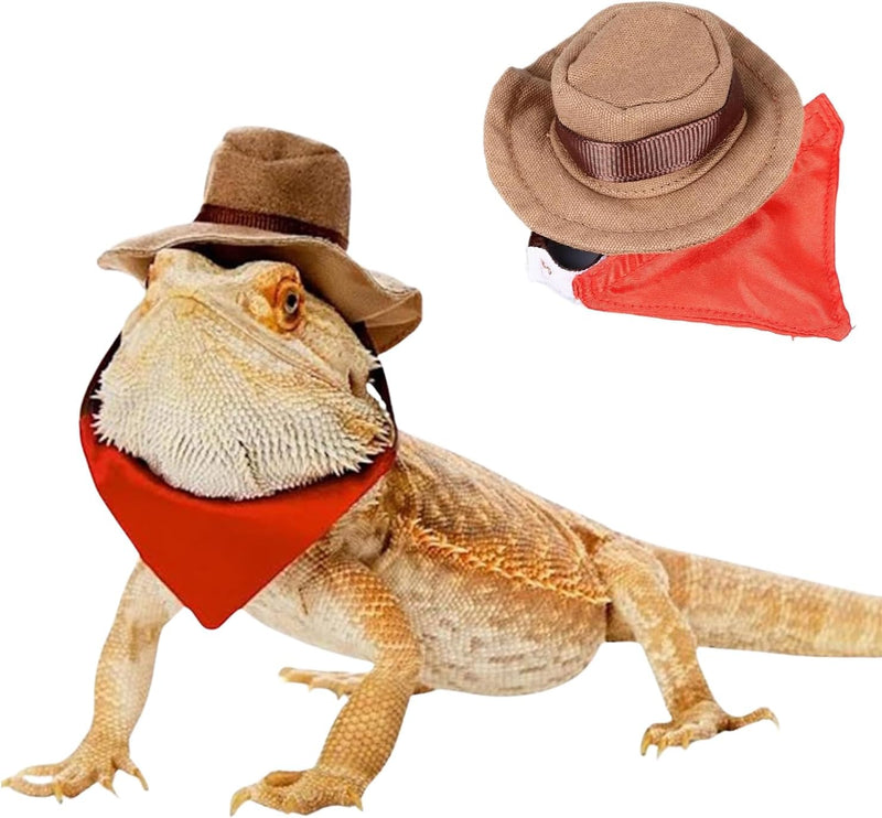 Bearded Dragon Cowboy Costume - Adjustable Lizard Cowboy Hat and Bandana Scarf Reptile Halloween Costume Photo Props for