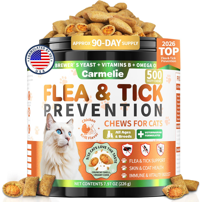 Flea and Tick Prevention for Cats, 500 Crunchy & Creamy Chews, Cat Flea Chewables with Natural Oral Flea Treatment Supplement Cats, Skin & Coat Support - All Breeds & Ages - Chicken and Krill Flavor