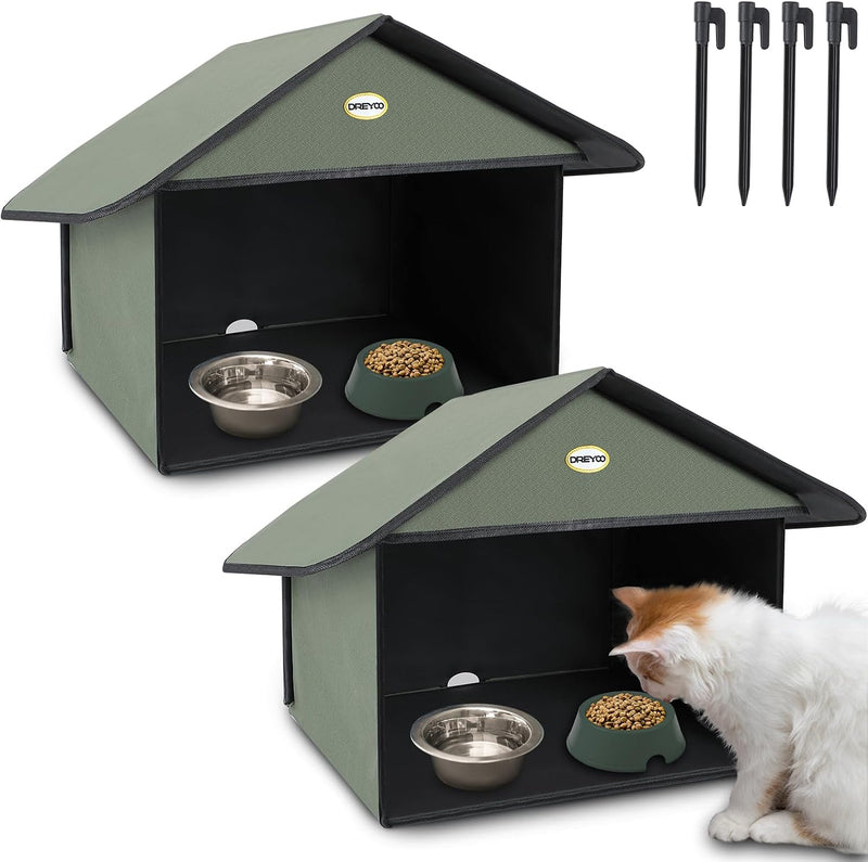 Dreyoo Outdoor Cat Feeding Station for Food & Water, Weatherproof Outdoor Kitty Dining Room Cat Shelter for Stray, Feral