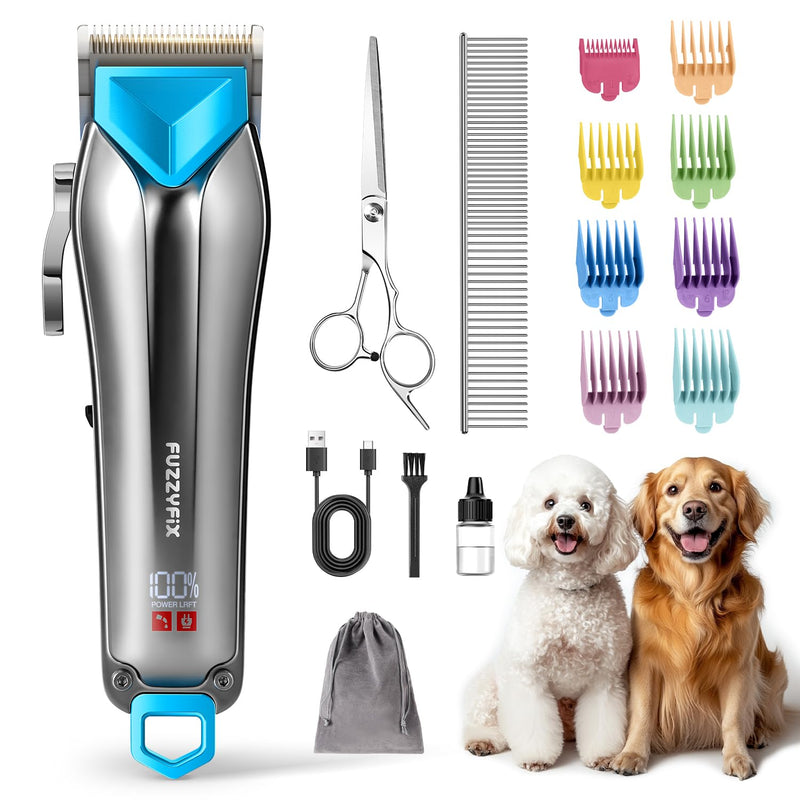 FuzzyFix Dog Clippers for Grooming with Detachable Blade for Thick Coats, Cordless Rechargeable Low Noise Professional Pet Grooming Hair Trimmer Shaver Kit with 8 Guide Combs for Dogs Cats Animals