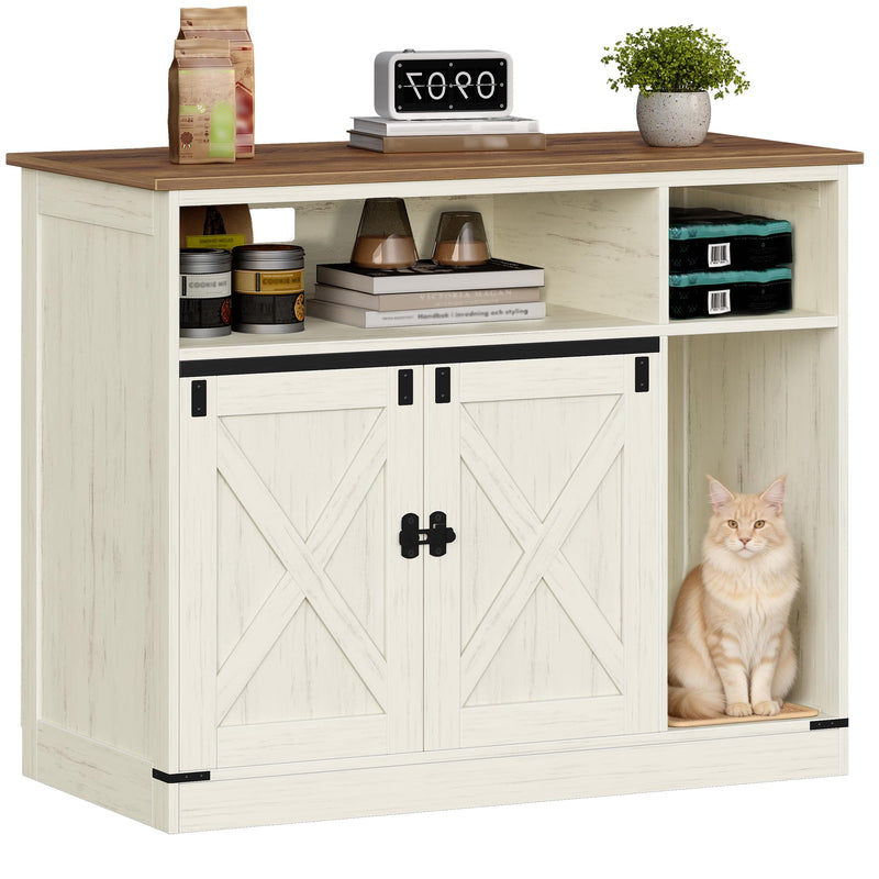 Hzuaneri Cat Litter Box Enclosure, Hidden Litter Box Furniture with Storage, Wooden Cat Cabinet with Scratch Pad, Farmhouse Cat Washroom, TV Stand End Table, Rustic Brown and White CB88614X