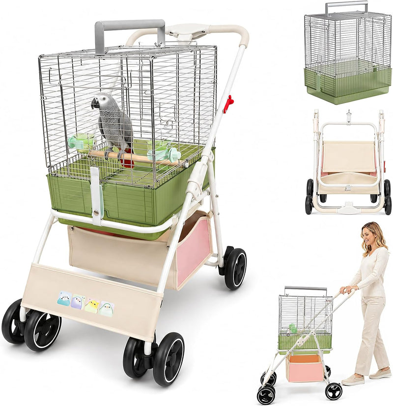 Bird Travel Cage Stroller, Foldable Parrot Carrier with Detachable Professional Bird Cage and Bottom Storage Basket for