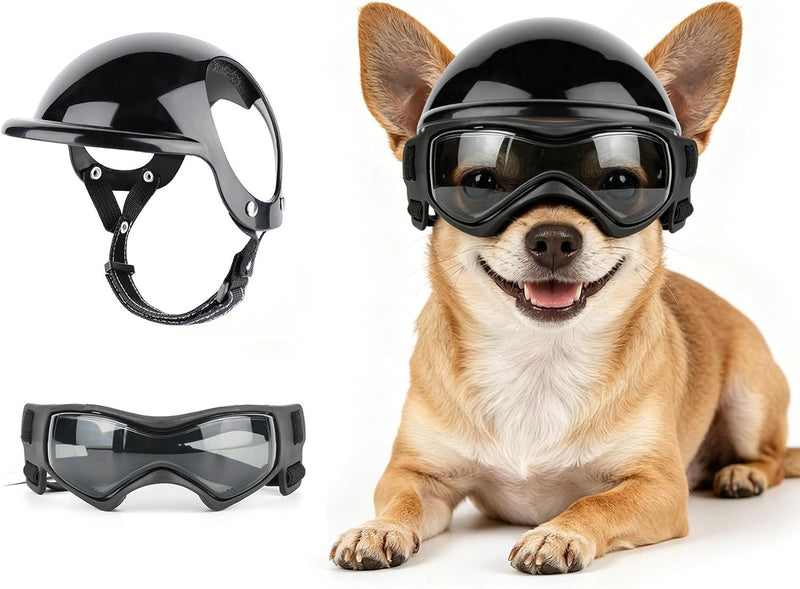 Extra Small Dog Helmet and Goggles Set - UV Protection Doggy Sunglasses, Pet Motorcycle Helmet with Ear Holes, Protect P