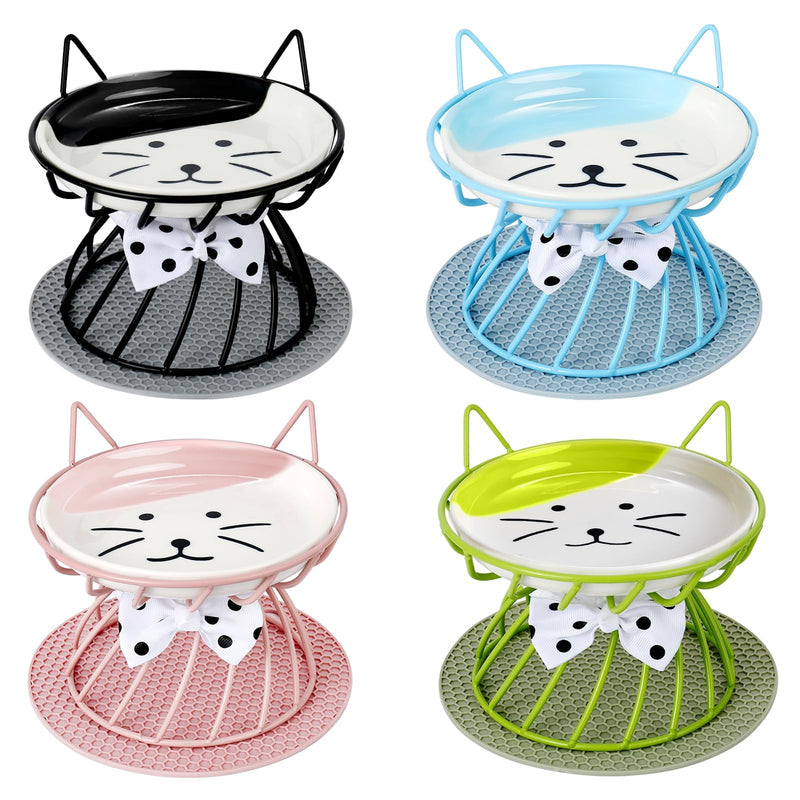 4 Pcs Elevated Pet Food Bowls, Ceramic Cat Plate with Stand Raised Cat Bowl for Indoor Pet, Food and Water Dishes Puppies, with Non-Slip Mat, Whisker Friendly, Dishwasher Safe