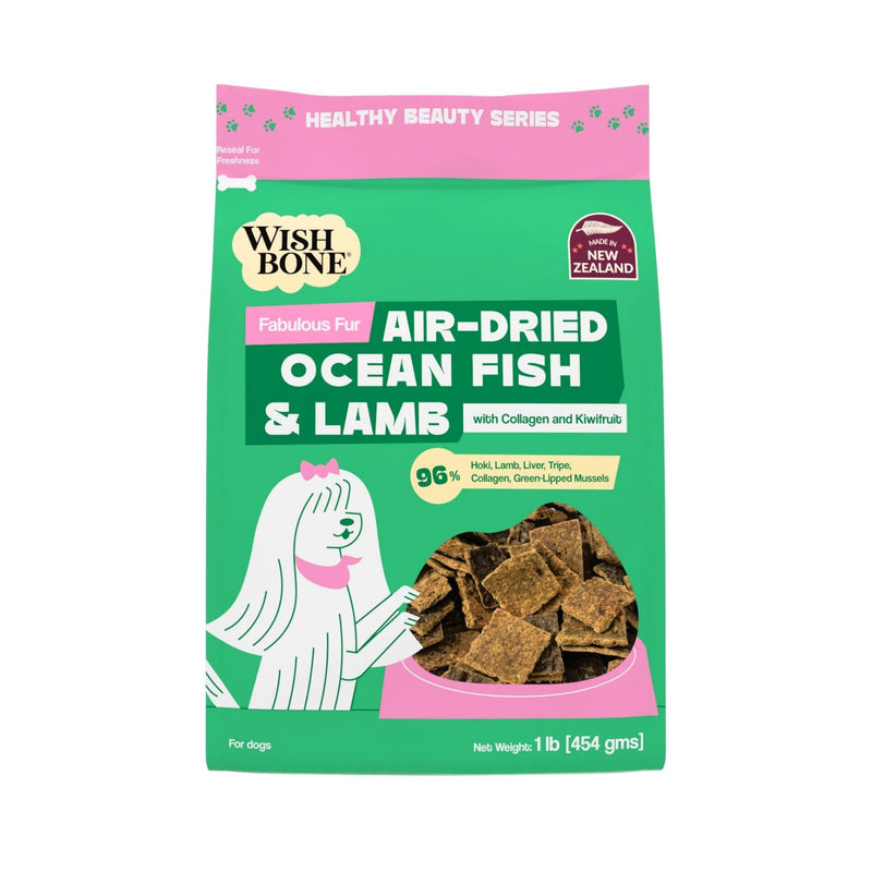 Wishbone Air-Dried Ocean Fish & Lamb Dog Food - Rich in Protein, Grain Free, Fish and Lamb Recipe, Skin and Coat Support for Pet Health - Made in New Zealand - 1lb
