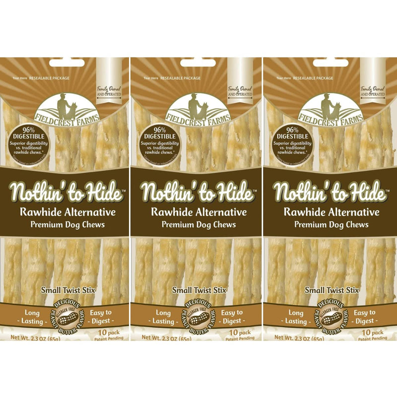 Fieldcrest Farms Nothing to Hide Natural Rawhide Alternative Twist Stix for Dogs - 3 Pack (30 Sticks) Premium Grade Easily Digestible Chews - Great for Dental Health (Peanut Butter, Small Stix)