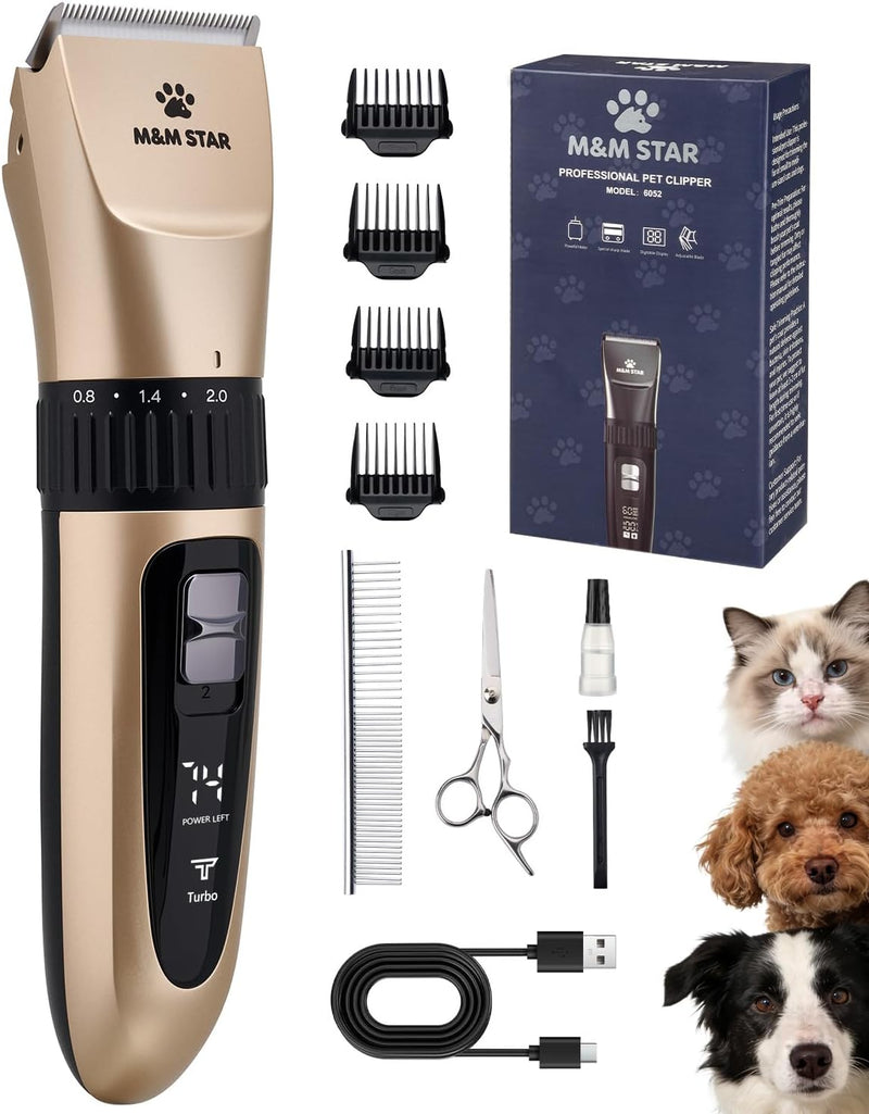 M&M STAR Dog Grooming Kit, Low Noise Dog Clippers, 2-Speed IPX7 Waterproof, Rechargeable Cordless Pet Hair Clippers Trim