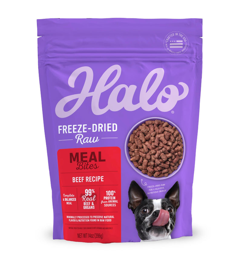 Halo Freeze Dried Raw Dog Food, Beef Recipe, 100% Protein Source, Real Meat for Natural Energy, Meal Bites, 14 Oz Bag
