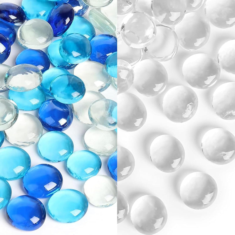 FUTUREPLUSX Blue and Clear Flat Glass Marbles Bundle, Decorative Glass Pebbles Gems Vase Fillers for Floral Arrangements