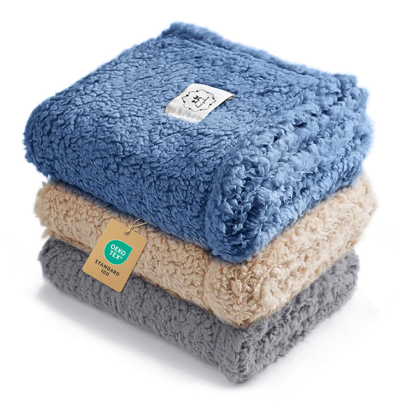 Luciphia 1 Pack 3 Calming Dog Blanket Fluffy Premium Fleece Pet Blankets Soft Sherpa Throw for Dogs Puppy Cat Grey/Beige/HazeBlue Small (23