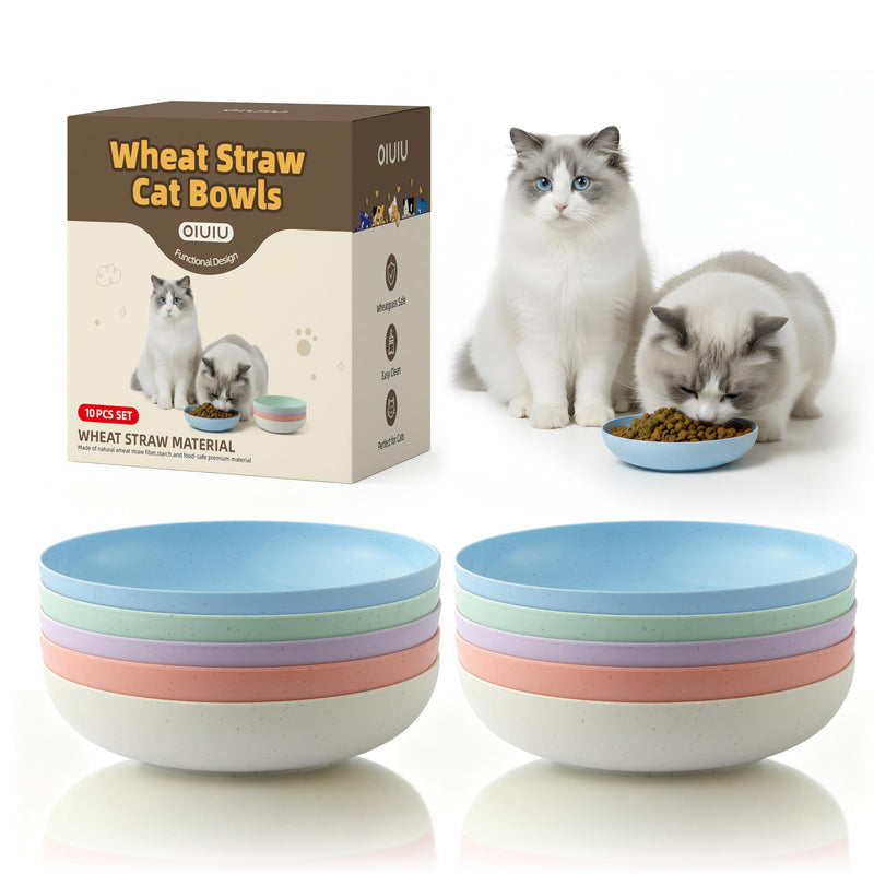 OLULU 10 Pack Cat Bowls, Whisker Friendly Kitten Dishes, Durable Wheat Straw Cat Food Bowls for Indoor Outdoor Cats