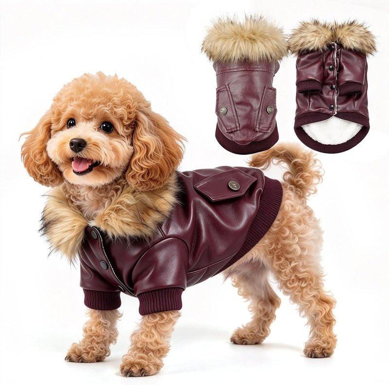 LESYPET Dog Leather Jacket for Small Dogs, Waterproof Dog Winter Jacket Puppy Coat with Fleece Lined, Ultra Warm Fur Col
