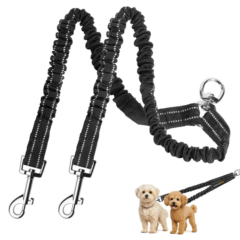 MingXpet 2 Dog Leash, Dog Leash for 2 Dogs, 360° Swivel No Tangle Double Walking Training Leashes for Small Dogs, Comfortable Shock Absorbing Reflective Bungee, Black