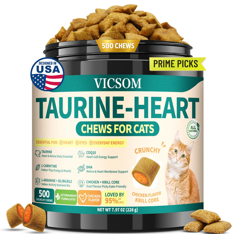 Taurine for Cats, CoQ10 for Cats, Heart Health Support for Adult & Senior Cats, 500 Crunchy Chews with Omega-3 & L-Carnitine, Cat Taurine Supplement for Eye & Muscle Support, Chicken Flavor