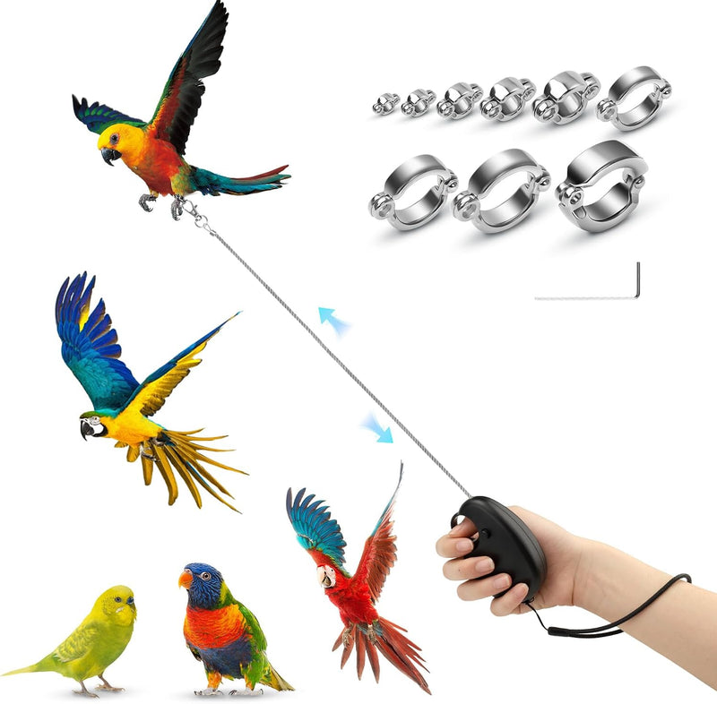 19.7FT Auto Retractable Bird Leash, Anti-Bite Wire Bird Harness, Adjustable Parrot Leash with 9 Sizes Alloy Foot Rings,