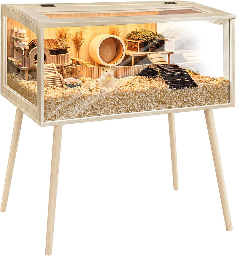 PROLEE Hamster Cage Wooden Chew Proof, Extra Large Mice and Rat Habitat Openable Top with Acrylic Sheets Solid Built Sma