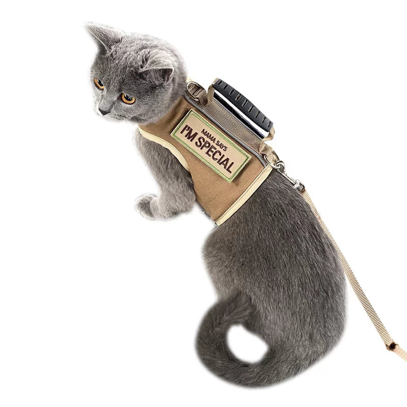 Tactical Cat Harness and Leash for Walking Escape Proof, Adjustable Cat Walking Jackets, Padded Stylish Cat Vest, Khaki, Large