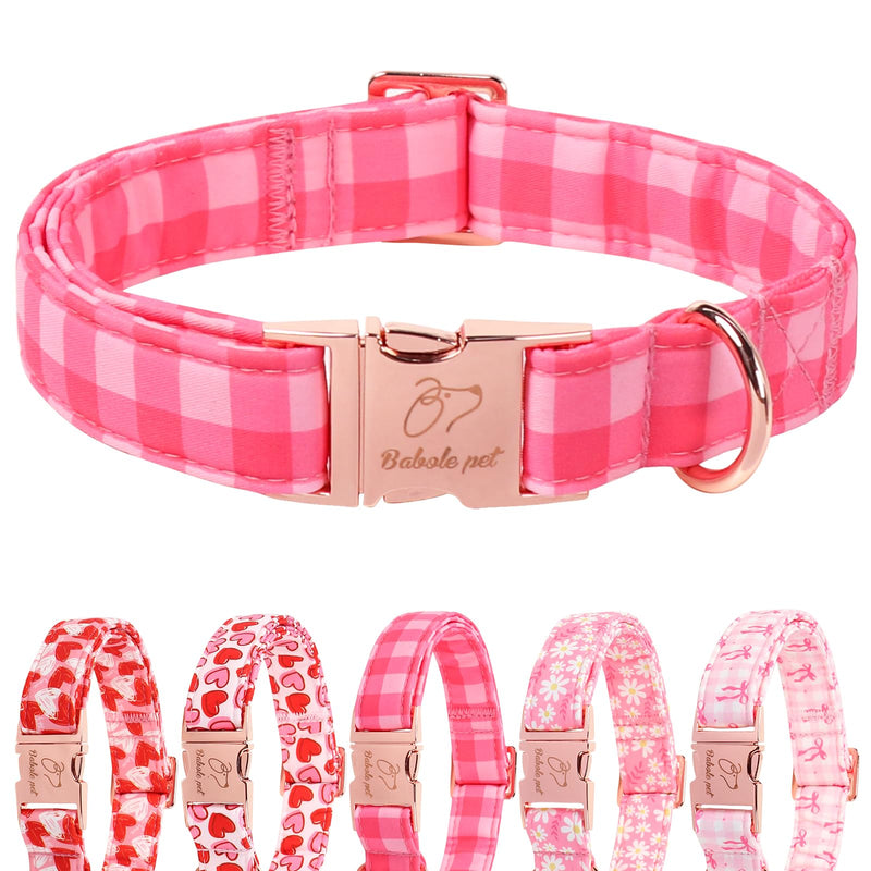 Babole Pet Pink Checkerboard Dog Collar, Classic Girly Plaid Dog Collars, Adjustable Heavy Duty Girl Dogs Collar for Small Medium Large Dogs with Metal Buckle M