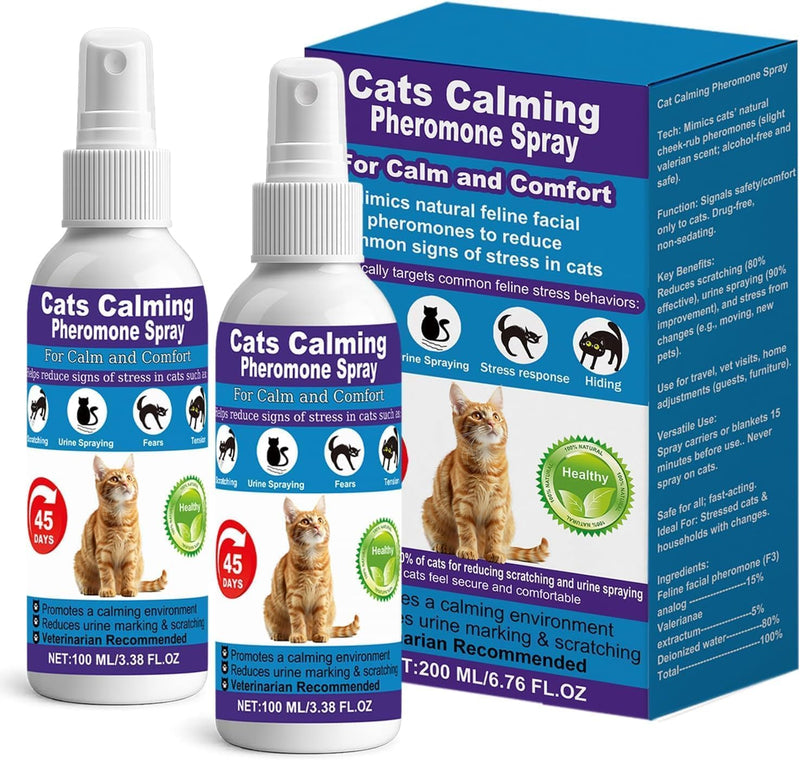 RNLBNMP Cat Calming Pheromone Spray for Stress & Anxiety Relief – Reduces Scratching, Urine Spraying, Hiding – Drug-Free & Vet Recommended – Feline Calm Spray with F3 Facial Pheromone 2 * 100mL 8.9oz