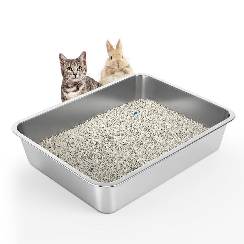 WENBOKMIN Stainless Steel Cat Litter Box - Litter Box for Cats - Easy to Clean, Never Absorbs Odor, Stains, or Rusts - Silver (17.7