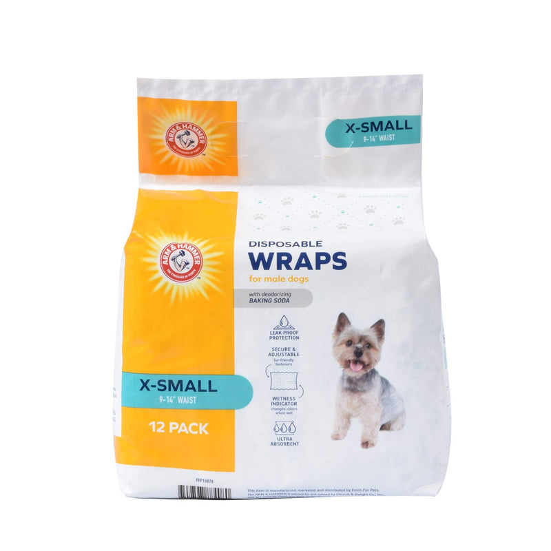 Arm & Hammer X-Small Male Dog Wraps, Disposable Belly Band Diapers with Baking Soda Odor Control, Super Absorbent Leak Resistant Design for Marking and Incontinence, 9-14 Inch Waist, 12 Count