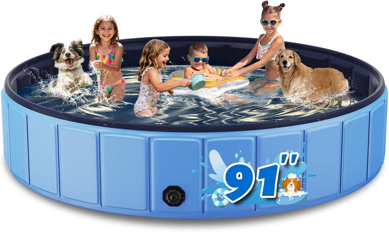 Foldable Dog Pool for Large Dogs, 91” Collapsible Hard-Side Dog Swimming Pool, Leakproof PVC Portable Pet Bath Tub & Kid