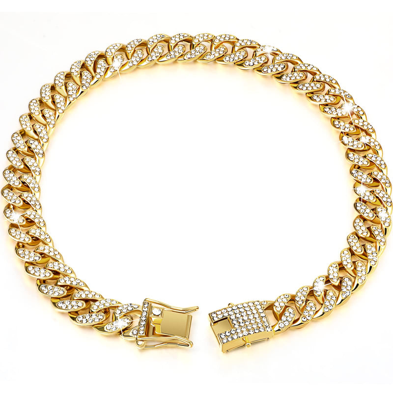 Tallew Gold Dog Chain Diamond Collar Walking Metal Chain Necklace with Secure Buckle Pet Cuban Style Collar Jewelry Accessories for Small Medium Large Dog Cats (10 inch)
